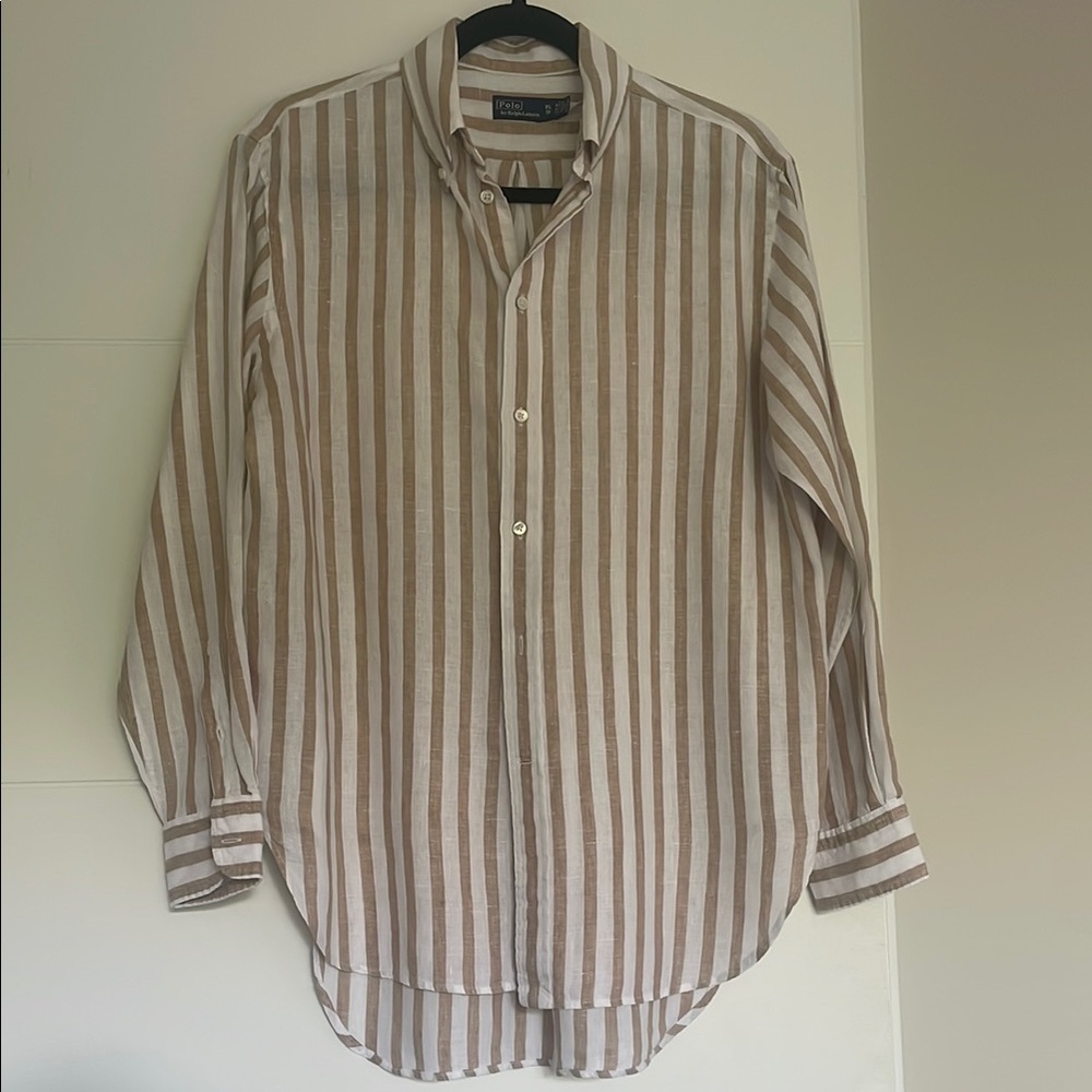 NWT Ralph Lauren Brown and White 100% Linen Button Down Shirt - Oversize